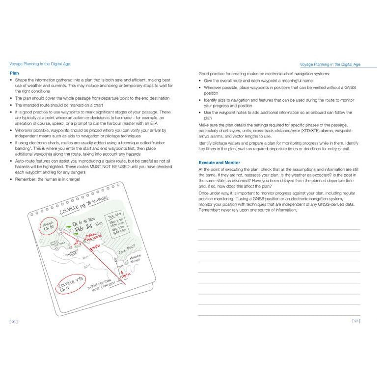 A two-page spread from a book titled "RYA Day Skipper Shorebased Notes" by the Royal Yachting Association. The left page discusses 'Plan', featuring a handwritten diagram of a passage plan. The right page, titled 'Execute and Monitor', explains procedures and best practices for ensuring sailing safety using electronic navigation tools.