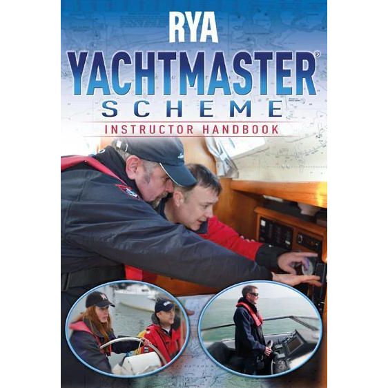 A tablet screen displays the cover of the "RYA Yachtmaster Scheme Instructor Handbook" by the Royal Yachting Association. The cover features images of instructors guiding trainees on a yacht, with close-up interactions shown in the top half and round images of sailing practice depicted in the bottom half.