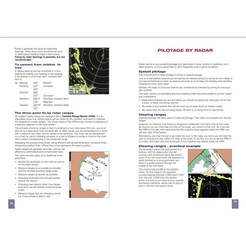 A spread from the RYA Introduction to Radar by the Royal Yachting Association elaborates on maritime navigation using radar. The left-hand page focuses on converting relative bearings and the three-point fix by radar ranges, which are crucial for any RYA One-Day Radar Course. The right-hand page addresses pilotage by radar and clearing ranges, complemented with diagrams and text.