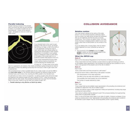 The "RYA Introduction to Radar" by the Royal Yachting Association features a spread on pages 24 and 25 that discusses "Parallel Indexing" and "Collision Avoidance." The left page includes a radar course image with parallel lines and a ship diagram, while the right page elaborates on concepts such as collision avoidance rules, with key points highlighted.