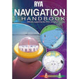 An image of a tablet displaying the cover of "RYA Navigation Handbook" by the Royal Yachting Association. The book’s cover features nautical charts, a hand holding a compass, and various navigational tools. The text indicates it supports RYA's navigation courses.