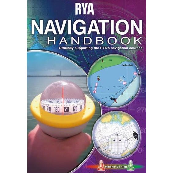 An image of a tablet displaying the cover of "RYA Navigation Handbook" by the Royal Yachting Association. The book’s cover features nautical charts, a hand holding a compass, and various navigational tools. The text indicates it supports RYA's navigation courses.