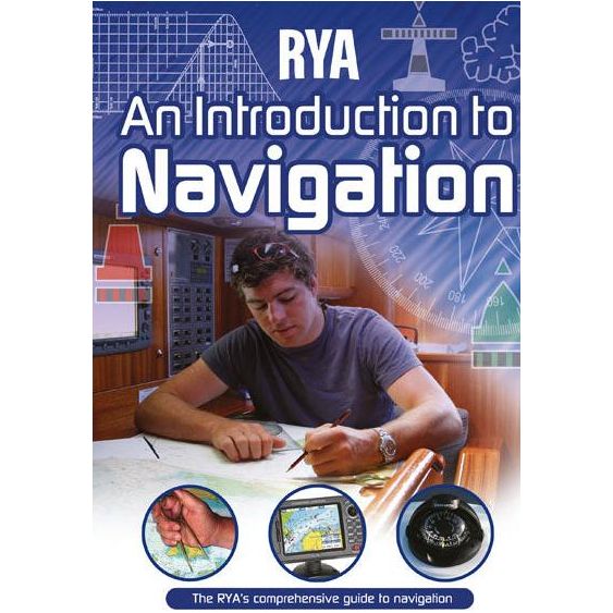 A tablet displaying the cover of a digital book titled "RYA An Introduction to Navigation" by the Royal Yachting Association. The cover features a man working on navigational charts and tools, with various navigation-related graphics in the background, highlighting aspects of the RYA Basic Navigation Course. The cover also includes the RYA logo.