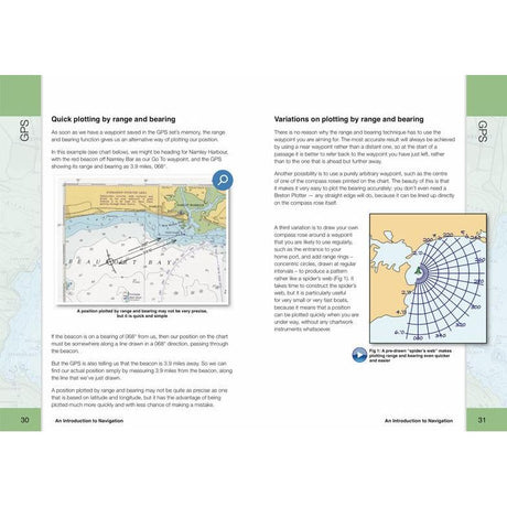 The "RYA An Introduction To Navigation" by the Royal Yachting Association is an introductory manual featuring pages with maps and illustrations. On page 30, it discusses quick plotting by range and bearing, including a map with a bearing circle. On page 31, it addresses variations and includes a related diagram, aligning perfectly with the RYA Basic Navigation Course.