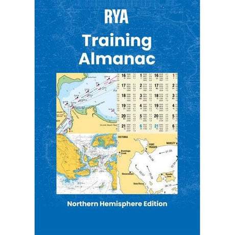 A tablet screen displays the cover of the "RYA Training Almanac - Northern Hemisphere" by the Royal Yachting Association. Designed for training purposes, the cover features nautical charts and practice navigation tables set against a blue background. The title stands out prominently in white text at the center.