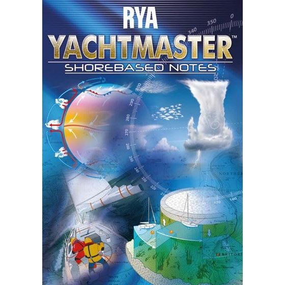 Tablet displaying the cover of "RYA Yachtmaster Shorebased Notes," an official publication by the Royal Yachting Association. The cover showcases nautical imagery such as a compass, a yacht, weather patterns, and a map. The dominant colors are blue and white, complemented by other vibrant tones, making it ideal for those taking Yachtmaster Courses.