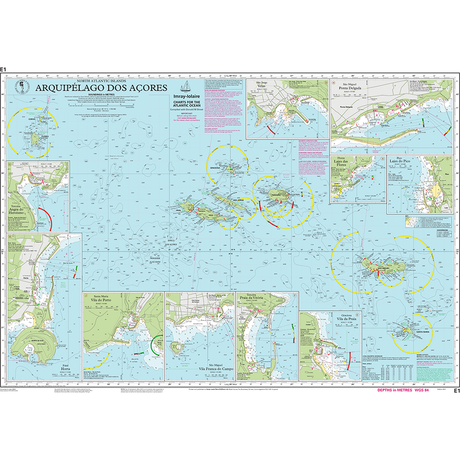 Imray Chart E1: Arquipelago dos Açores by Imray offers detailed nautical maps of the Azores, including island insets, water depths, navigation routes, and maritime notes in Portuguese.