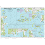 The Imray Chart E1 | Arquipelago dos Açores by Imray is a detailed nautical chart designed for cruising sailors navigating the Azores Archipelago, including individual islands. This chart features depth markers, navigational aids, and inset maps highlighting specific areas. Annotations and legends are present around the map.