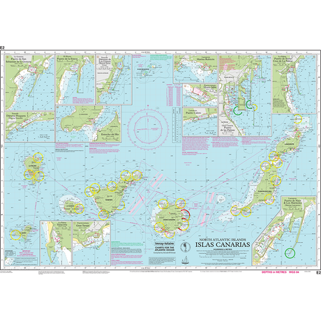 Imray Chart E2: Islas Canarias by Imray details the Canary Islands with port insets, coastlines, routes, depths, and navigation aids. Features Spanish and English labels—perfect for Atlantic chart enthusiasts.