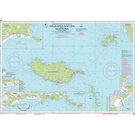 Imray Chart E3 | Arquipélago da Madeira, by Imray, offers a detailed nautical chart of the Madeira Archipelago in the North Atlantic Ocean. It includes comprehensive maps of the islands, water depths, coastal regions, navigational routes, and key landmarks. Insets provide additional information on specific harbors and anchorages for cruising sailors.