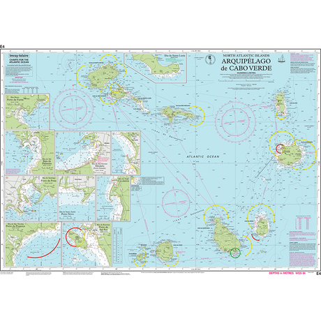 Imray Chart E4: Arquipélago de Cabo Verde by Imray is a nautical chart of the Cape Verde Archipelago, showing islands, navigation routes, depth markings, coastal features, and inset maps of key ports and regions.