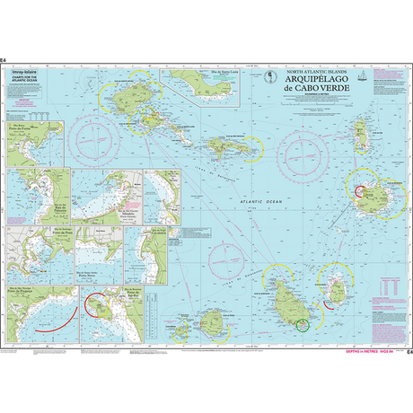 The Imray Chart E4 | Arquipélago de Cabo Verde provides detailed information on various islands, coastal features, and navigational routes of the Cape Verde Archipelago. This chart by Imray includes inset maps of specific areas such as Porto Novo, featuring navigation lines, depth contours, and hazard warnings indicated by colors and symbols.