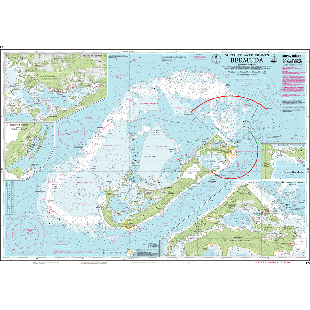 Imray Chart E5: Bermuda by Imray displays the Bermuda coastline and North Atlantic waters, including coastal maps, depths, reefs, navigation routes, harbor info, key insets for harbors/islands, and restricted zones marked in red and green.