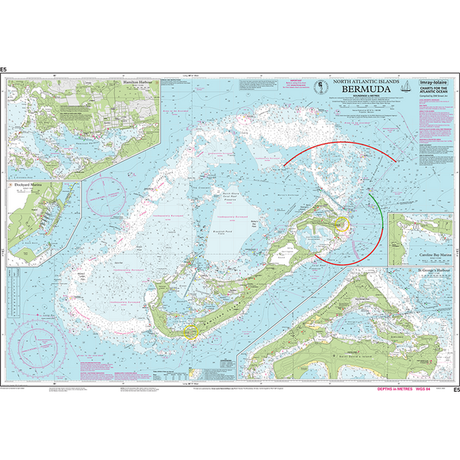 The Imray Chart E5 | Bermuda by Imray presents a comprehensive nautical chart of Bermuda, showcasing the island’s topography and surrounding waters. The chart is highly detailed with depth measurements, navigational markers, and significant coastal features. Favored by cruising sailors exploring the Atlantic Islands, this chart includes insets providing additional navigational details for harbors and coastal areas.