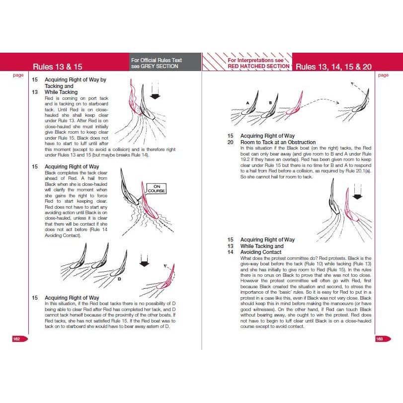 The image depicts pages 162-163 from a sailing rulebook, showcasing diagrams and text that detail Rules 13 to 15 and 18 to 20. The focus is on tacking, acquiring the right of way, and avoiding collisions, offering insights akin to those found in "Elvstrøm Explains the Racing Rules" by Adlard Coles.