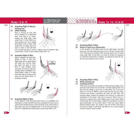 The image depicts pages 162-163 from a sailing rulebook, showcasing diagrams and text that detail Rules 13 to 15 and 18 to 20. The focus is on tacking, acquiring the right of way, and avoiding collisions, offering insights akin to those found in "Elvstrøm Explains the Racing Rules" by Adlard Coles.