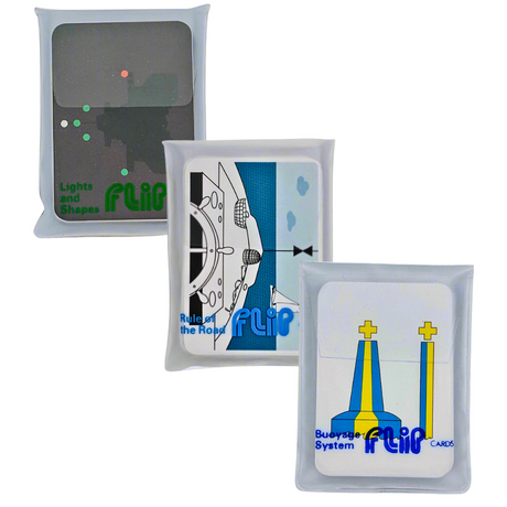 Three gray packets from the Flip Cards: Sailor Essentials Set, each featuring colorful graphic designs on the front. The top packet is titled "Lights and Shapes," the middle one "Rule of the Road," and the bottom "Buoyage System." These cards are ideal for mastering sailing skills and understanding nautical concepts like IALA buoyage.