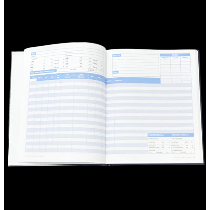 A sleek black open notebook, like the RYA Sail & Power Logbook by the Royal Yachting Association, features a planning layout with blue and white sections for notes, schedules, and totals. Its pages offer grids and lined areas ideal for cruising boaters to boost their navigational skills.