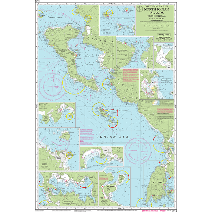 The Imray Chart G11 | North Ionian Islands by Imray is a detailed nautical chart that features extensive coastal and maritime details, making it perfect for cruising sailor guides. This chart focuses on the Ionian Sea and surrounding geographic points, islands, navigational routes, and includes inset maps—all printed on water-resistant Pretex paper.