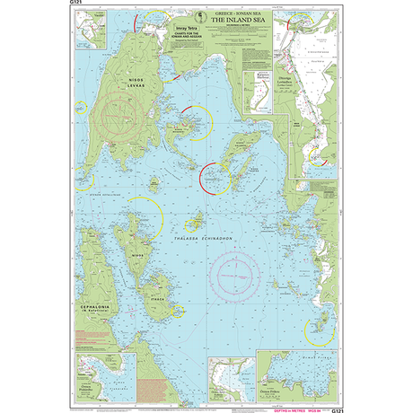 The Imray Chart G121, titled "The Inland Sea," is a comprehensive nautical chart of Greece's Ionian Sea featuring Neos Nisos and Cephalonia. Ideal for cruising sailors, this Imray chart includes navigational markers, depths, and topographical details with various colors to indicate specific zones.