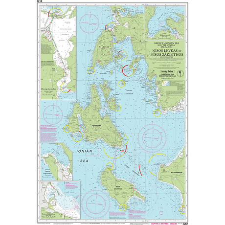 The Imray Chart G12 | South Ionian Islands is an essential nautical chart for the cruising sailor, detailing the areas around Nisos Levkas and Nisos Zakrinthos in the Ionian Sea. This high-quality Imray chart includes depths, navigation hazards, and extensive coastal details. Various marked lines and circles clearly indicate different zones and features necessary for safely navigating both the Ionian and Aegean waters.