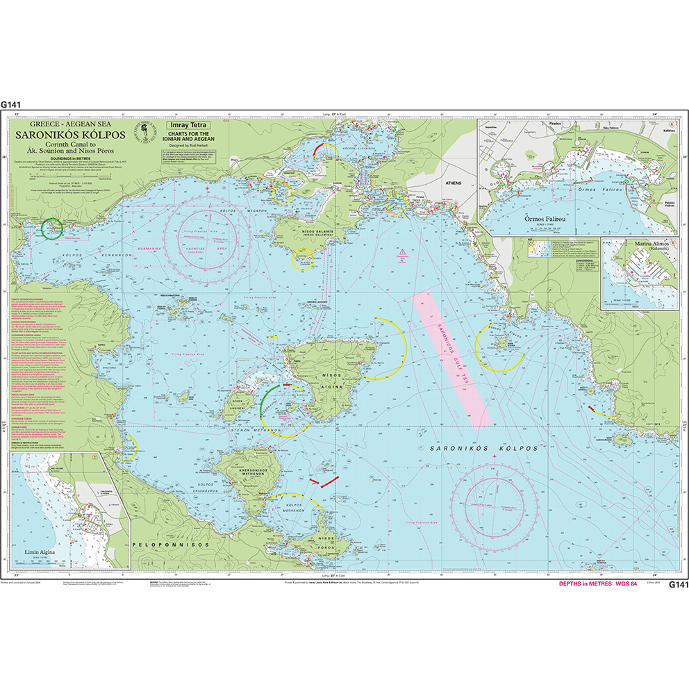 The Imray Chart G141 | Saronikós Kólpos by Imray is an ideal nautical chart for cruising sailors in the Saronic Gulf of the Aegean Sea. This detailed chart showcases various routes, depth markings, underwater obstructions, islands, and coastal features. It includes essential navigation aids, ports, and landmarks to ensure safe marine navigation in both Ionian and Aegean waters.