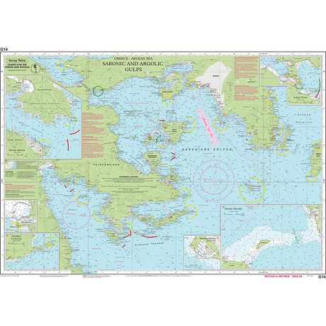 The Imray Chart G14 | Saronic and Argolic Gulfs by Imray is a nautical chart printed on water-resistant Pretex paper. It displays water depths, navigational routes, hazards, and coastal features, with insets showing key ports and harbors. The map is highly detailed with labeled coordinates and markers.