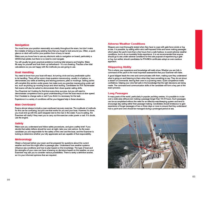 A two-page spread from the Royal Yachting Association's **RYA Yachtmaster Scheme Syllabus and Logbook**. The left page discusses navigation theory, boat handling, man overboard procedures, safety, and meteorology. The right page covers adverse weather conditions, skippering ability, long passages for sail and motor cruising, and contains an image of a sailboat. Page numbers 64 and 65 are at the bottom corners.