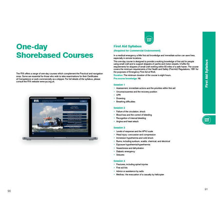 A course information page. On the left: "One-day Shorebased Courses," featuring a laptop with an image of a boat and a description related to the Royal Yachting Association's RYA Yachtmaster Scheme Syllabus and Logbook. On the right: "First Aid Syllabus," detailing course content such as CPR, first aid, drowning treatment, and hypothermia management.