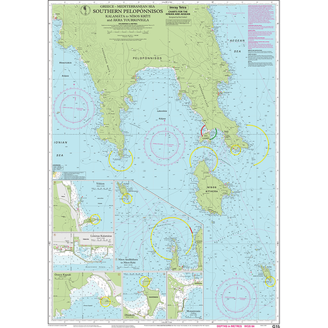 Imray Chart G15: Southern Pelopónnisos by Imray shows coastlines, depths, routes, and islands in southern Greece. Ideal for small craft in Greek and Turkish waters; includes detailed insets from the Imray-Tetra G Series.