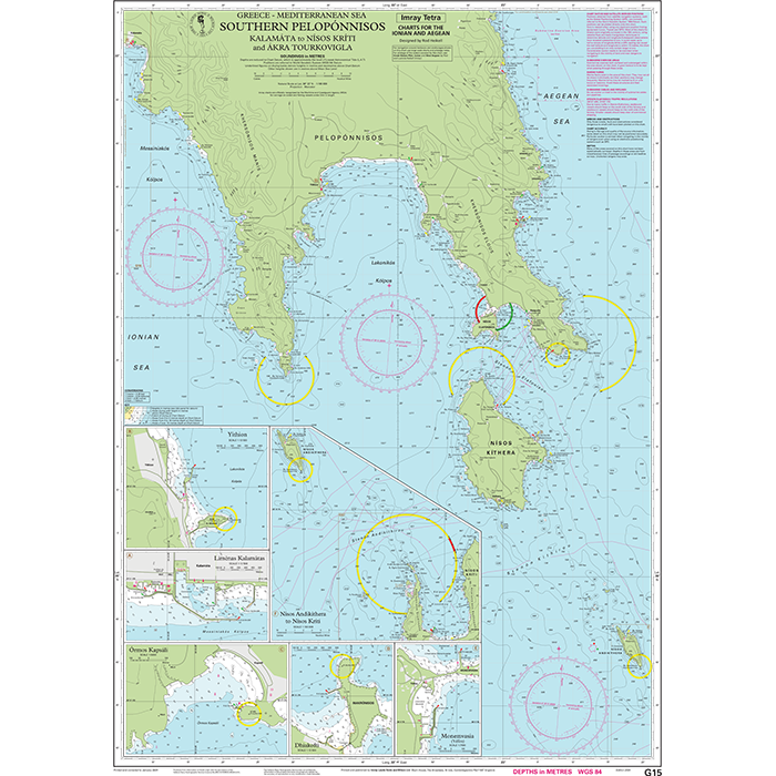 The Imray Chart G15 | Southern Pelopónnisos, by Imray, depicts the southern Peloponnese region of Greece, highlighting ports, bays, and coastal features. The chart includes detailed insets of nearby areas. Perfect for cruising sailors navigating between the Ionian and Aegean seas, it shows water depths, hazards, key landmarks, routes, and navigational aids with various colored lines and symbols.