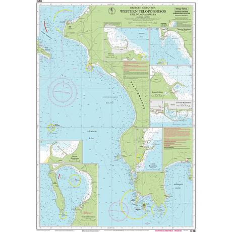 The Imray Chart G16 | Western Pelopónnisos is an indispensable resource for the cruising sailor exploring the coasts of Western Peloponnesos in Greece. This detailed chart, produced by Imray, covers key coastal areas and islands in both the Ionian and Aegean seas. It features depth soundings, identifies nautical hazards, provides port information, and lists navigational aids. Insets for Killini, Katakolo, and Zakynthos are also included for enhanced navigation.