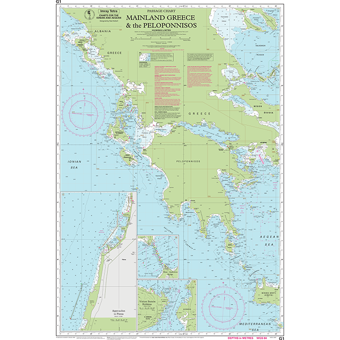 The Imray Chart G1, produced by Imray, illustrates Mainland Greece and the Peloponnisos. It includes major coastal cities, islands, and water depth markers. Key features comprise the Ionian Sea, Aegean Sea, Mediterranean Sea, detailed insets of specific segments, and navigation markers—making it an ideal tool for cruising sailors.