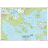 Imray Chart G21: Northwest Aegean Sea by Imray features bathymetric surveys, Greek and Turkish coastal details, depth markings, navigation routes, circular zones, and detailed inset maps from the Imray-Tetra G Series.