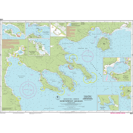 Imray Chart G21: Northwest Aegean Sea by Imray features bathymetric surveys, Greek and Turkish coastal details, depth markings, navigation routes, circular zones, and detailed inset maps from the Imray-Tetra G Series.