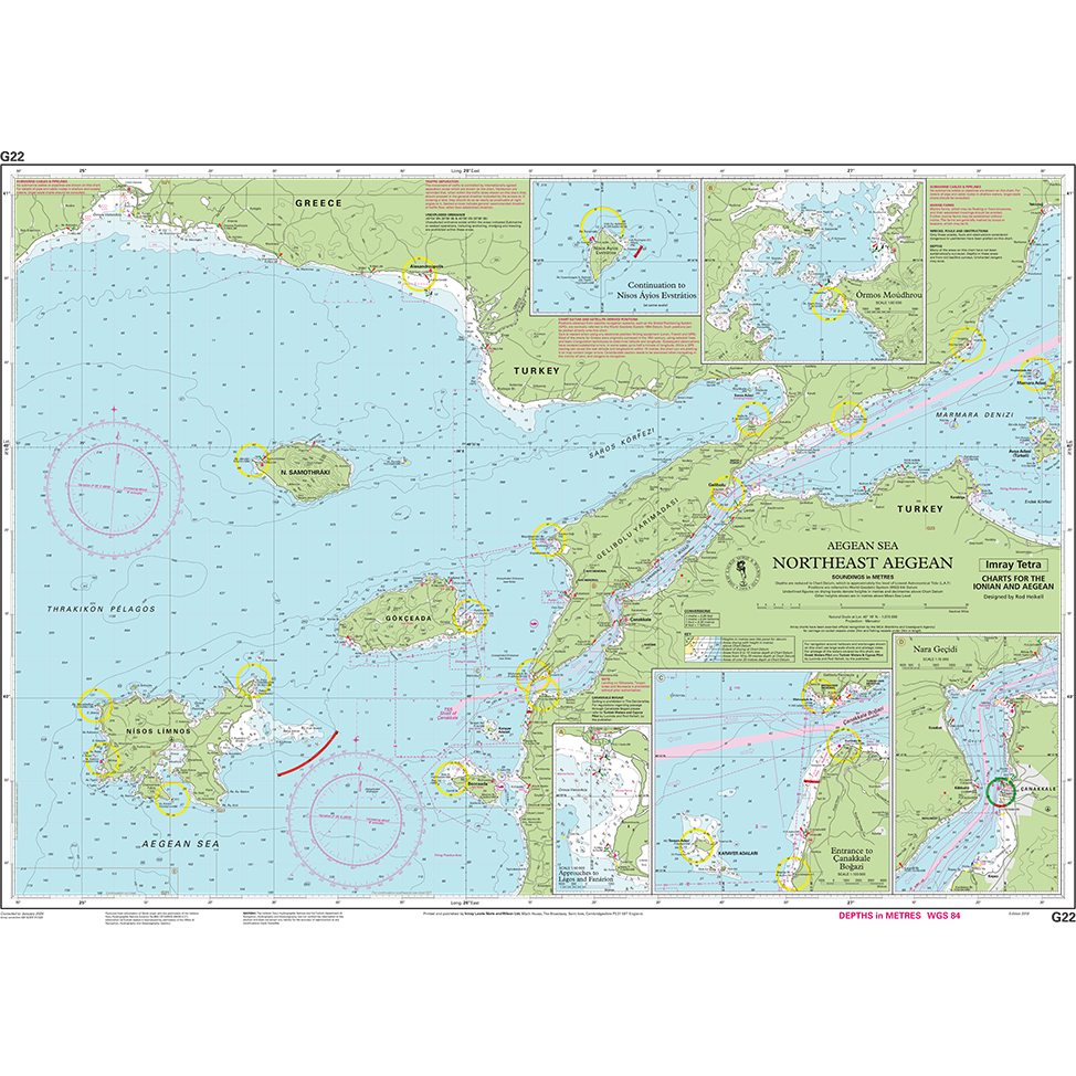 Imray Chart G22 | Northeast Aegean Sea by Imray offers a detailed nautical chart of the Northeast Aegean Sea, covering Greece and Turkey, perfect for the cruising sailor. The chart features islands such as Lesvos and Limnos, with insets providing detailed views of ports and coastal areas complete with navigational markers and depth contours.