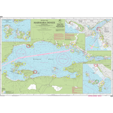The Imray Chart G23: Marmara Denizi by Imray details Turkish waters in the Sea of Marmara, featuring islands, coastlines, depths, shipping routes, navigation aids, and insets of ports and harbors in both Turkish and English.