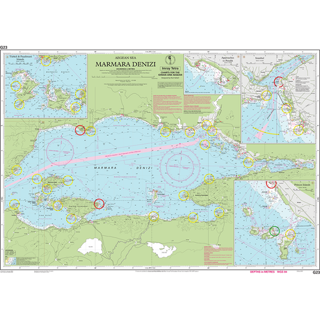 Imray Chart G23 | Marmara Denizi is perfect for the cruising sailor, detailing coastlines, islands, water depths, lighthouses, and navigational routes. Insets of key areas provide additional detail. Printed on water-resistant Pretex paper by Imray charts, this nautical chart uses text and symbols to indicate important maritime information.