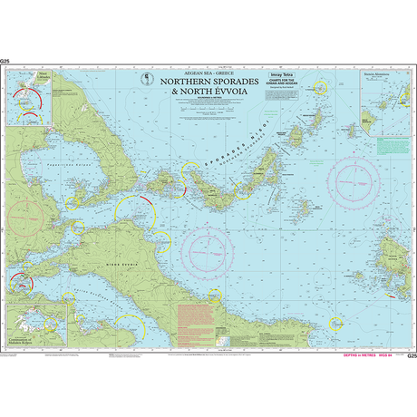 The Imray Chart G25 displays a nautical map of the Northern Sporades and North Évvoia in the Aegean Sea, Greece. Perfect for cruising sailors, it features essential navigational information such as depths, hazards, and landmarks. The blue and green map from Imray is adorned with compass roses, shaded relief, and detailed coordinates.