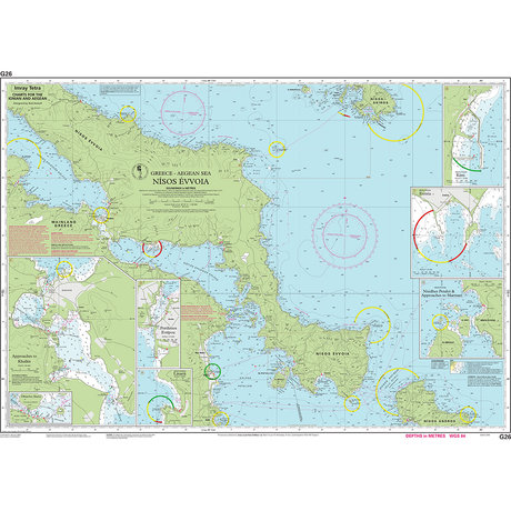 The Imray Chart G26 | Nísos Évvoia by Imray is a nautical chart of the Aegean Sea that focuses on the island of Euboea (Nisos Evvoia) in Greece, ideal for cruising sailors. This chart includes comprehensive details such as depth contours, coastal features, navigational routes, and various insets highlighting specific areas and bays.