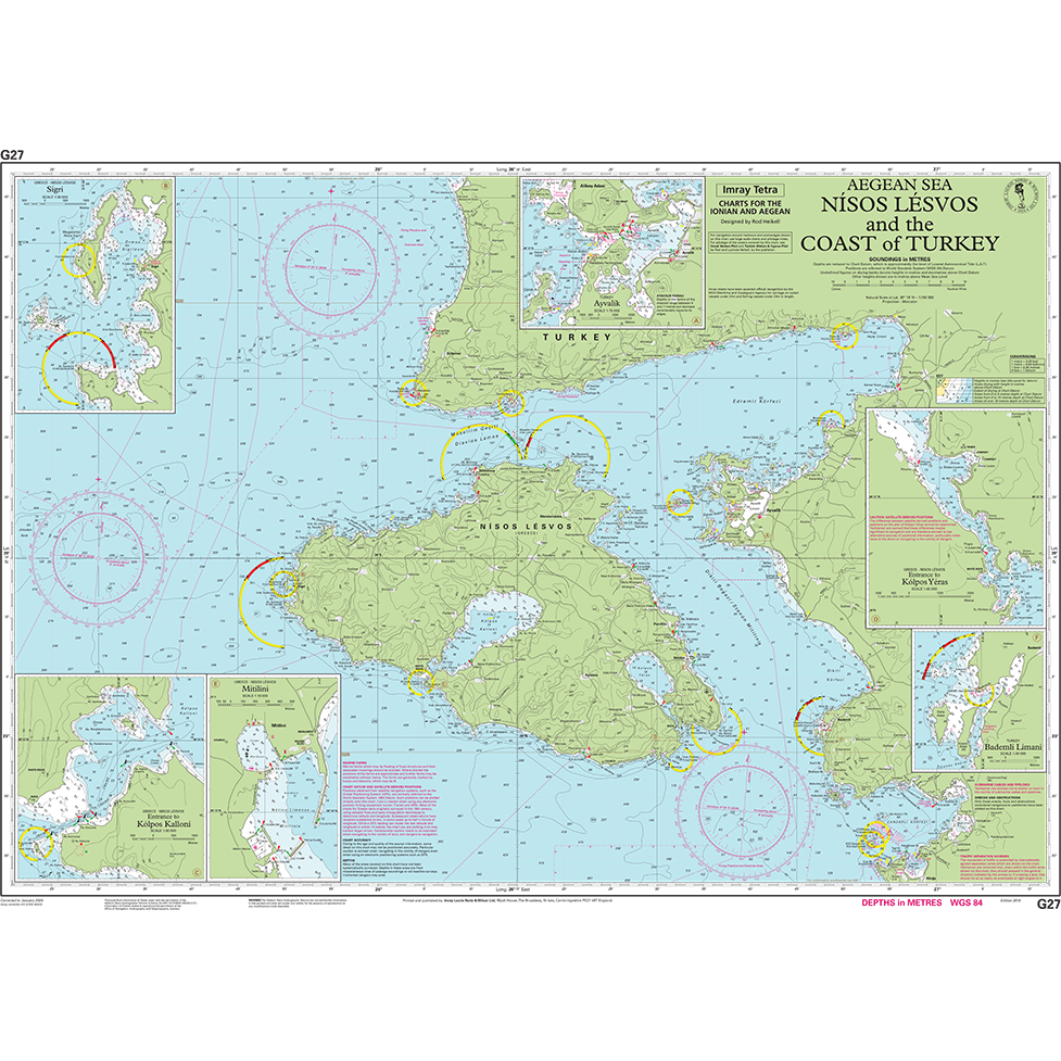 Imray Chart G27 | Nísos Lésvos & the Coast of Turkey displays the Aegean Sea, the island of Lesvos (Nisos Lesvos), and the coast of Turkey with detailed depths, underwater hazards, and navigational aids. Insets provide focused views perfect for cruising sailors, featuring essential Imray charts that highlight harbor areas and specific maritime features.