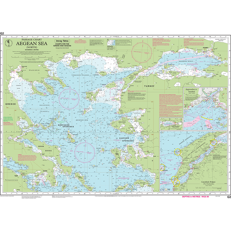 Imray Chart G2 | Aegean Sea (North), printed on water-resistant Pretex paper, detailing maritime routes, geographical features, and depths in meters. The chart covers regions of Greece and Turkey with notable islands and coastal landmarks marked. Insets show the Dardanelles and regional currents ideal for the cruising sailor.