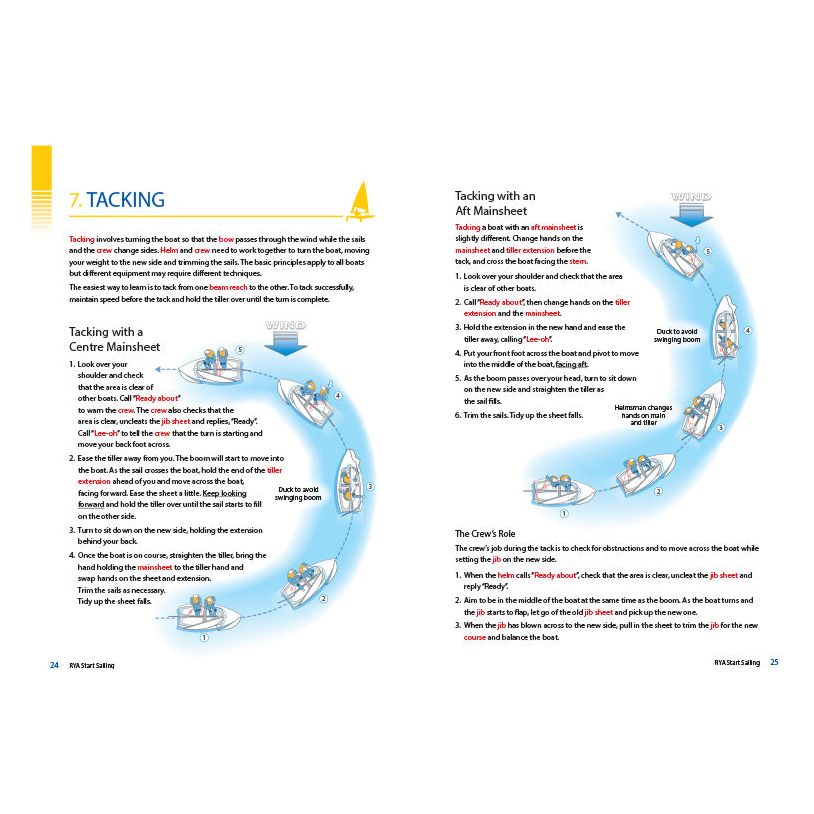 Explore tacking techniques with "Tacking" from the Royal Yachting Association's RYA Start Sailing series. The left page shows steps for "Tacking with a Centre Mainsheet," while the right covers "Tacking with an Aft Mainsheet," focusing on crew roles through informative diagrams and text. Ideal for sailing enthusiasts.