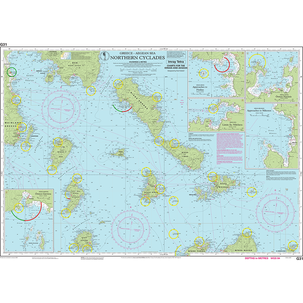 The Imray Chart G31 | Northern Cyclades by Imray is perfect for any cruising sailor in the Aegean Sea, Greece. It includes detailed maps of various islands, water depths, navigational routes, lighthouses, and hazards. Insets offer close-ups of smaller areas, and the chart also features latitude and longitude markings.