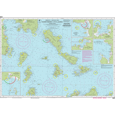 The Imray Chart G31 | Northern Cyclades by Imray is perfect for any cruising sailor in the Aegean Sea, Greece. It includes detailed maps of various islands, water depths, navigational routes, lighthouses, and hazards. Insets offer close-ups of smaller areas, and the chart also features latitude and longitude markings.