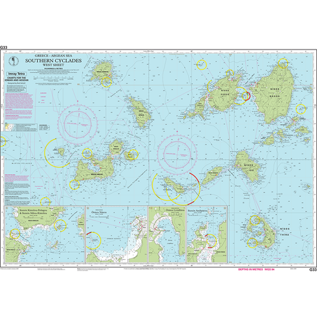 Introducing the Imray Chart G33 | Southern Cyclades (West Sheet), an essential nautical chart for cruising sailors exploring the Aegean Sea. This detailed chart covers key islands such as Milos, Sifnos, Folegandros, and Sikinos, offering comprehensive information on water depths, navigational hazards, and routes. It also includes detailed insets of important harbors and anchorages. Printed on water-resistant paper by Imray, this chart ensures durability and reliability during your maritime adventures.