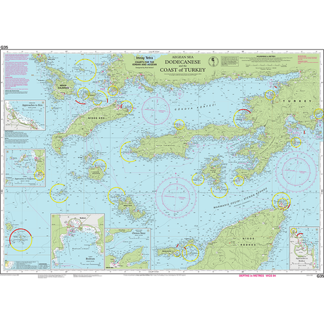 Imray Chart G35: Dodecanese and the Coast of Turkey by Imray features detailed coastlines, navigation routes, depth markings from bathymetric surveys, and colored circles for key navigation areas.