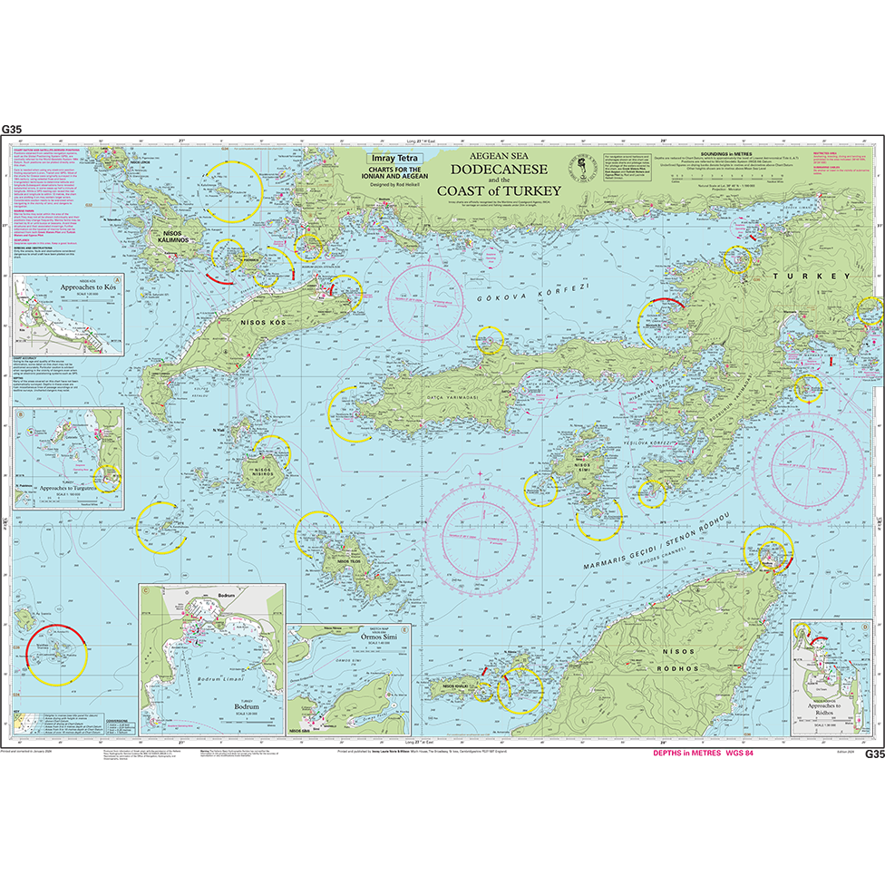 The Imray Chart G35, covering the Dodecanese and the coast of Turkey, offers a detailed nautical representation of the Aegean Sea, perfect for cruising sailors. This chart features various islands, navigational aids, depth contours, and geographical coordinates. Additionally, it includes insets that provide close-up views of ports and areas of interest. Ideal for those who use Imray charts.