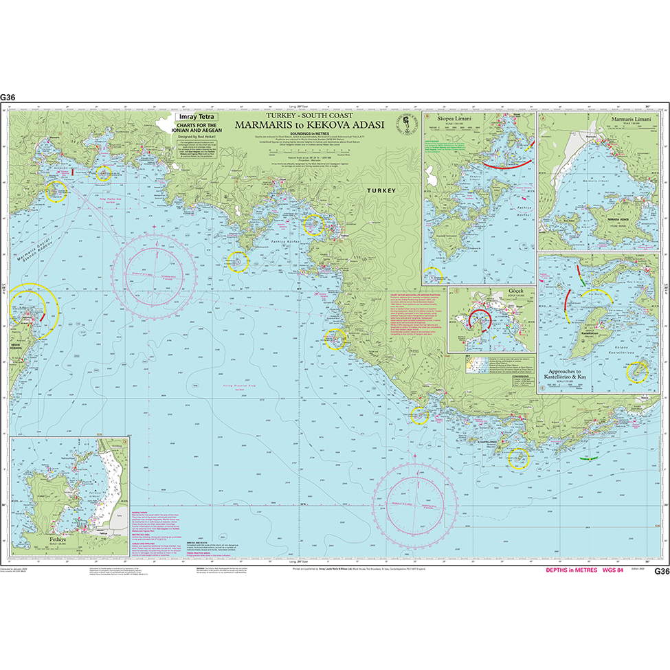 The Imray Chart G36 | Turkey - South Coast, by Imray, is a detailed nautical chart covering the stretch from Marmaris to Kekova Adasi. It's specially crafted for the cruising sailor and includes depth measurements, navigation routes, landmarks, and insets showing harbor details. Printed on water-resistant Pretex paper with a pale green land and blue sea background for easy readability.