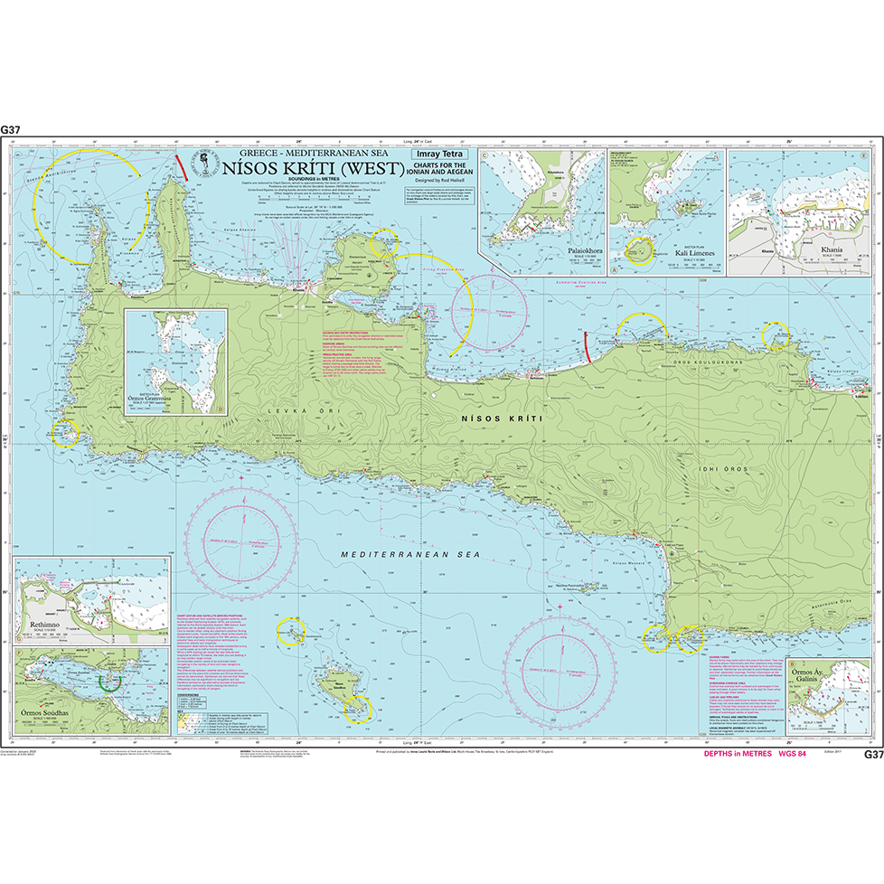 The Imray Chart G37 | Nísos Kríti (West) by Imray provides a detailed nautical chart of western Crete, featuring coastal topography, underwater features, and navigational aids. Perfect for cruising sailors exploring both the Ionian and Aegean waters, it includes insets of smaller areas, depth contours, and comprehensive maritime information.